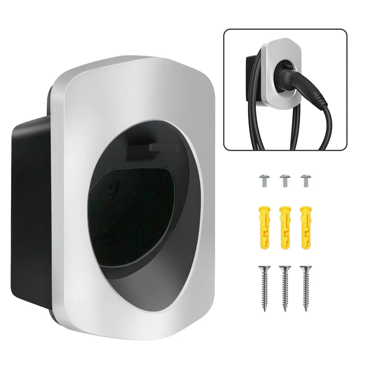 EV Supporto per Cavo Tipo 2 Supporto da Muro Cavo di Ricarica Auto Staffa da Parete EVSE Organizer Cavo Accesori per Wallbox Stazione di Ricarica con Spina IEC 62196-2, Argento